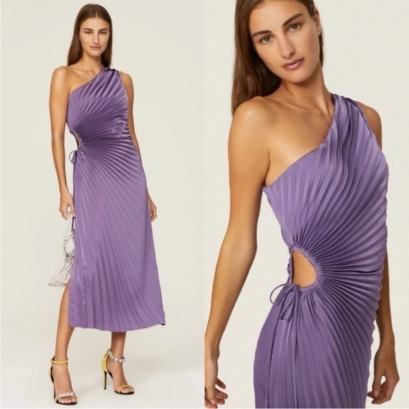 Anthropologie Delfi Collective Dress Solie Midi Pleated One Shoulder In Purple